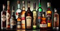 Many different bottles with different shapes of alcohol on the bar counter - AI generated image Royalty Free Stock Photo