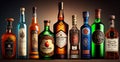 Many different bottles with different shapes of alcohol on the bar counter - AI generated image Royalty Free Stock Photo