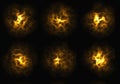 Many different bright explosion flash fire on black backgrounds Royalty Free Stock Photo
