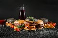 Many different burgers with ingredients on a black background Royalty Free Stock Photo