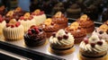 Many different cakes on shelf in cafe, closeup. Delicious dessert