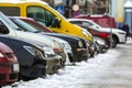 Many different cars parked in a city. Cars for sale Royalty Free Stock Photo