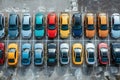 many different cars standing in rows in the parking lot, top aerial view Royalty Free Stock Photo