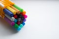 Many different colored pens. Color pencils isolated on a white background Royalty Free Stock Photo