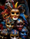 a pile of multicolored clown masks stacked together