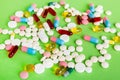 Many different colorful medication and pills perspective view. Set of many pills on colored background Royalty Free Stock Photo