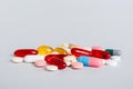 Many different colorful medication and pills perspective view. Set of many pills on colored background Royalty Free Stock Photo