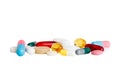 Many different colorful medication and pills perspective view. Set of many pills on colored background Royalty Free Stock Photo