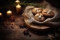 Many different cookies on black background. Christmas greeting card