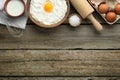 Many different cooking ingredients on wooden table, flat lay. Space for text Royalty Free Stock Photo