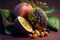 Many different delicious exotic fruits as background, top view