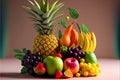 Tropical fruits background, many colorful ripe tropical fruits