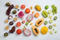 Many different delicious exotic fruits on light background, flat lay Royalty Free Stock Photo