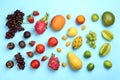 Many different delicious exotic fruits on light blue background, flat lay Royalty Free Stock Photo