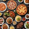 many different dishes standing next to each other shot from above. include pizza, lasagne, steak, burger - 1