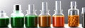 Many different drugs in pills, tablets and syringe in packages and laboratory bottles and flasks. Panoramic Banner for