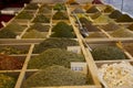 many different dry spices in the open market Royalty Free Stock Photo