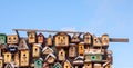 Many different forms of bird feeders.Birdhouses hang on a wooden fence