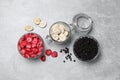 Many different freeze dried fruits on light grey table, flat lay Royalty Free Stock Photo