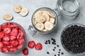 Many different freeze dried fruits on grey table, flat lay Royalty Free Stock Photo