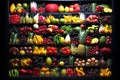 many different fruits lie on the shelves in the refrigerator. T Royalty Free Stock Photo