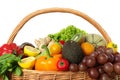 Many different fruits and vegetables in wicker basket isolated on white Royalty Free Stock Photo
