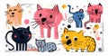 Many different funny cats in a childrens gouache drawing