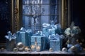 Many different gift blue boxes decorated with ribbon Royalty Free Stock Photo
