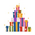 Many different gift boxes made in the form of a Christmas tree or a pyramid.