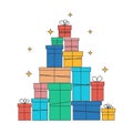 Many different gift boxes made in the form of a Christmas tree or a pyramid.