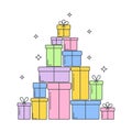 Many different gift boxes made in the form of a Christmas tree or a pyramid.