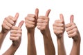 Many different hands with thumb raised up, isolated. Symbol of approval and consent