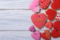 Many different hearts valentines biscuits on a beautiful wooden Royalty Free Stock Photo