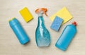 Many different house cleaning products on wooden background, top view Royalty Free Stock Photo