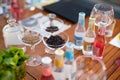 many different ingredients on the bartender\'s table for making alcoholic cocktails Royalty Free Stock Photo