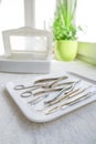 Many different medical instruments lie on the tray. Royalty Free Stock Photo