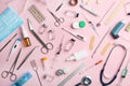 Many different medical objects on color background Royalty Free Stock Photo