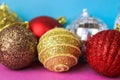 Many different multicolored shiny Christmas decorative beautiful xmas festive Christmas balls, Christmas tree toys background Royalty Free Stock Photo