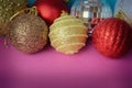 Many different multicolored shiny Christmas decorative beautiful xmas festive Christmas balls, Christmas tree toys background Royalty Free Stock Photo