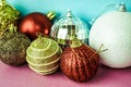 Many different multicolored shiny Christmas decorative beautiful xmas festive Christmas balls, Christmas tree toys background Royalty Free Stock Photo