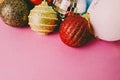 Many different multicolored shiny Christmas decorative beautiful xmas festive Christmas balls, Christmas tree toys background Royalty Free Stock Photo