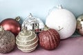 Many different multicolored shiny Christmas decorative beautiful xmas festive Christmas balls, Christmas tree toys background Royalty Free Stock Photo