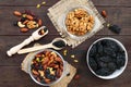 Many different nuts almonds, cashews, walnuts, dried berries blueberries, cranberries, prunes, pumpkin seeds Royalty Free Stock Photo