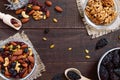 Many different nuts almonds, cashews, walnuts, dried berries blueberries, cranberries, prunes, pumpkin seeds Royalty Free Stock Photo