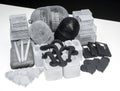 Many different objects printed on 3D printer from powder polyamide Royalty Free Stock Photo