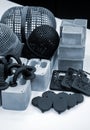 Many different objects printed on 3D printer from powder polyamide. Royalty Free Stock Photo