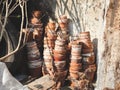 A pile of old clay pots in the backyard. Royalty Free Stock Photo