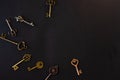 Many different old keys from different locks, scattered chaotically, f.lat lay