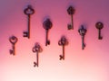 Many different old keys from different locks, in order, flat lay. Royalty Free Stock Photo