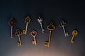 Many different old keys from different locks, scattered chaotically, Royalty Free Stock Photo